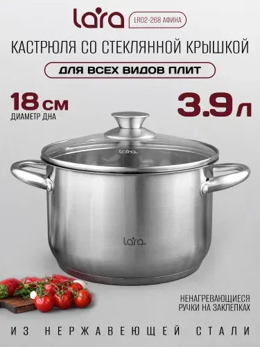 Кастрюля с крышкой 3,9 л LARA Афина из нержавеющей стали, для газовых, индукционных и др. плит, LR02-268