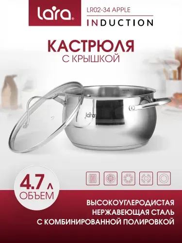 Кастрюля с крышкой LARA Apple, 4,7л, из нержавеющей стали, для всех видов плит, для индукционных плит LR02-34