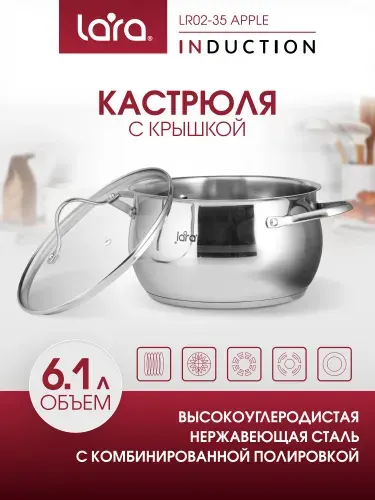 Кастрюля с крышкой LARA Apple 6,1 л, из нержавеющей стали, для всех видов плит, для индукционных плит LR02-35