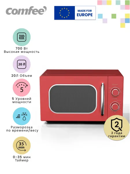 Comfee Микроволновая печь CMW207M2RA-R, 20 Л, 5 режимов, красный