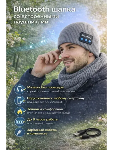 СОУЛПРЕМИУМ Шапка с наушниками блютуз мужская весенняя модная