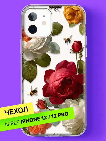 Bloopskin Чехол на iPhone 12 iPhone 12 Pro с принтом Пчёлы и розы