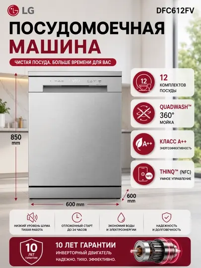 Посудомоечная машина LG DFB512FP, DFC612FV, DFB512FW, 14 комплектов