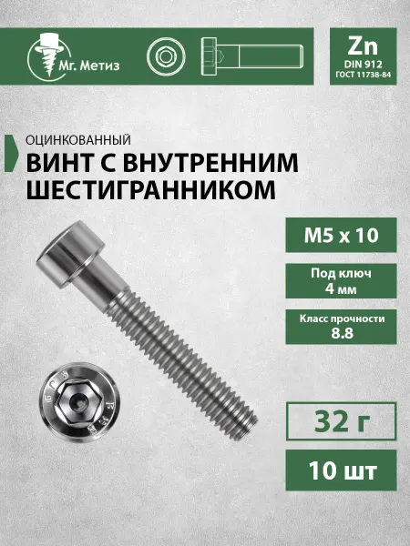 Mr. Метиз Винт М5 х 10 с внутренним шестигранником,10 шт
