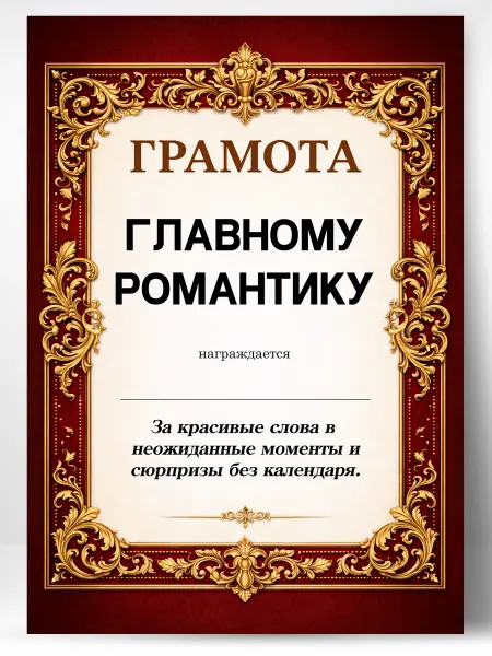 Грамота диплом в подарок - Главному романтику