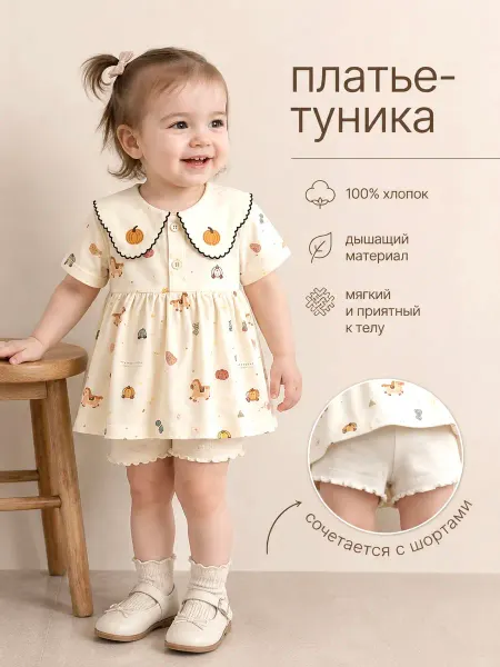 Платье-туника для девочки хлопковое с воротником летнее