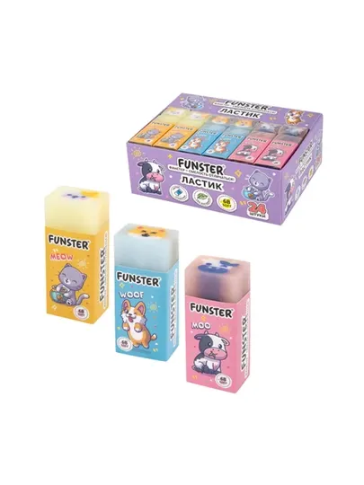 Ластик FUNSTER, 50х21х16 мм, прямоугольный, картонный держатель, 3шт