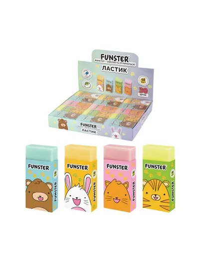 Ластик FUNSTER, 50х24х10 мм, прямоугольный, картонный держатель, ЭКО ПВХ, 3шт