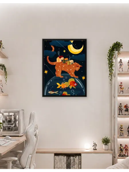 Postersbase Постер Сюрреалистический кот с домиками и аквариумом 50x70